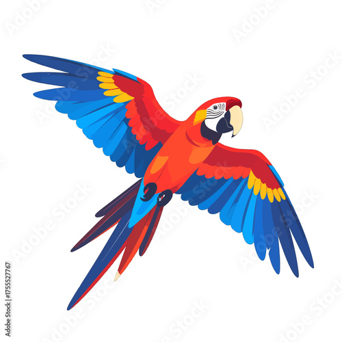 Vibrant Scarlet Macaw Soaring with Azure Wings in Isolated White Background