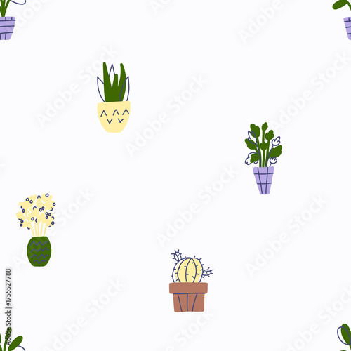 seamless pattern with  home flower in a pott  Cozy home