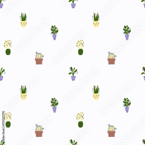 seamless pattern with  home flower in a pott  Cozy home