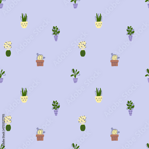 seamless pattern with  home flower in a pott  Cozy home