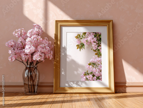 A serene indoor scene featuring a vase of pink flowers and a gold-framed picture of similar flowers, illuminated by warm sunlight streaming through a window