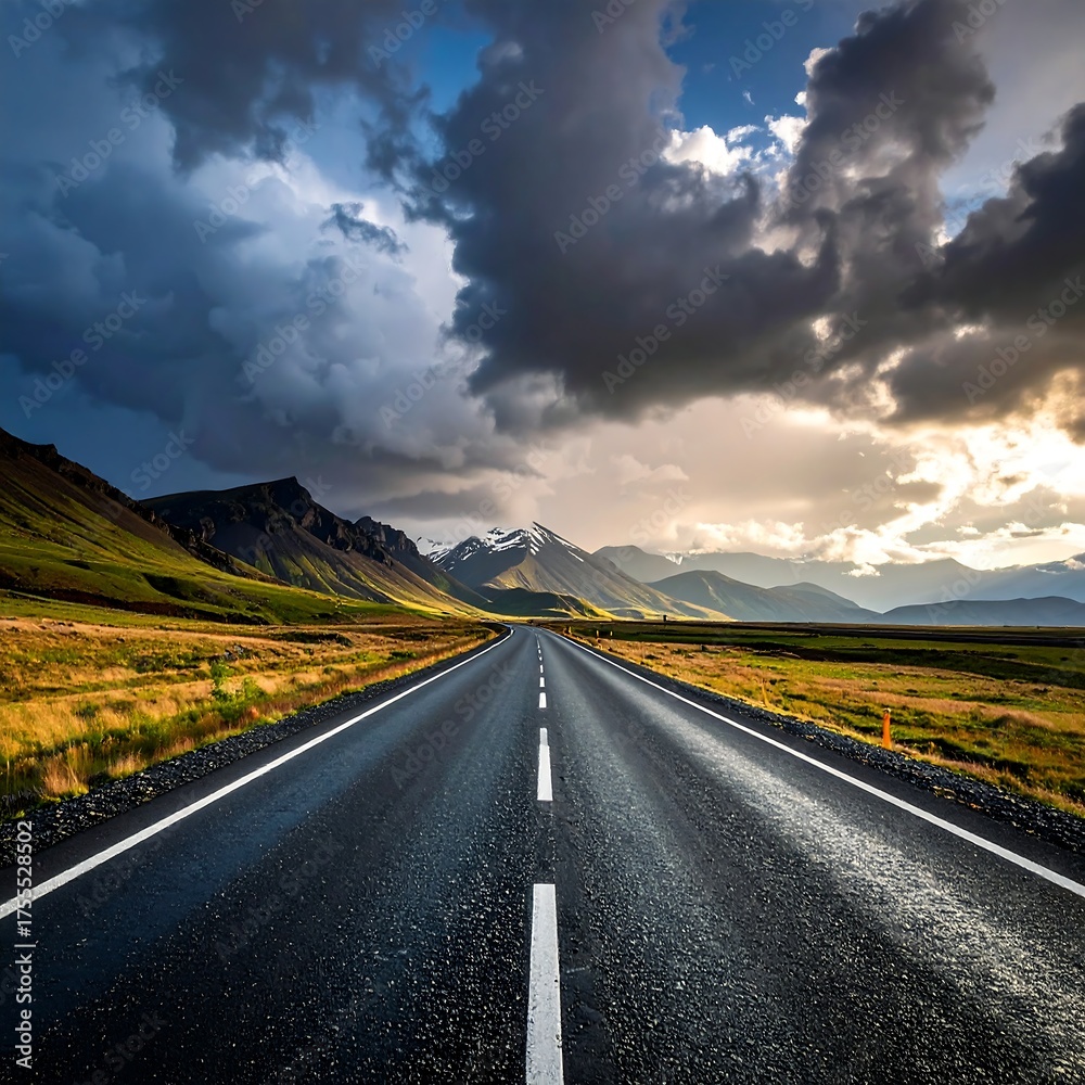 Naklejka premium Asphalt road stretches toward mountains under a dramatic, cloudy sky