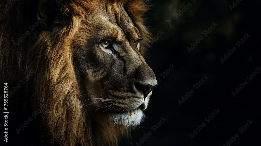 Fototapeta premium lion with fluffy mane looking away in savanna. Detail face lion.