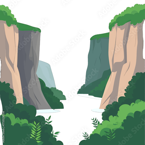 Pixel Art Landscape Featuring a Winding River Through Cliffs and Lush Green Vegetation in a Stylized Design with Soft Lighting