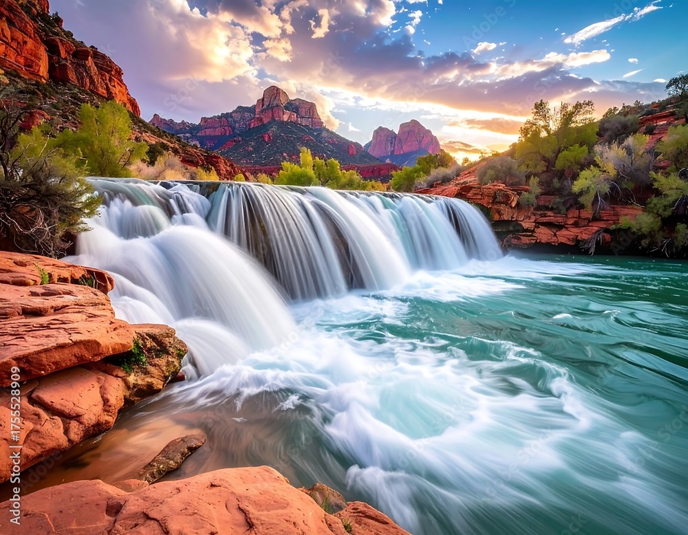 Fototapeta premium Scenic landscape of waterfall cascading into turquoise water with red rock mountains and sunset sky backdrop