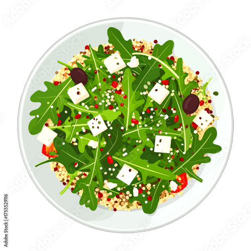 Top View of Colorful Salad with Feta Cheese and Greens on a White Plate