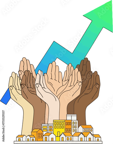 harmonious hands propel community development, creating a vibrant upward trajectory