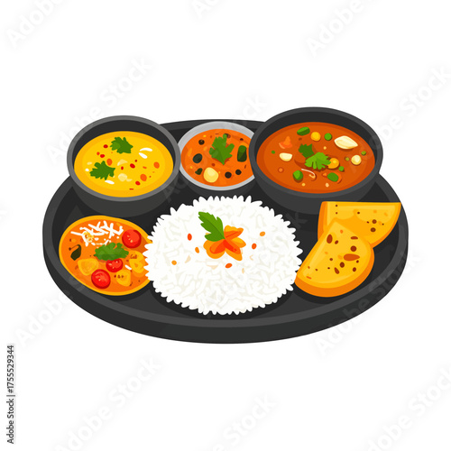 Traditional Indian Thali Featuring Assorted Curries Rice And Bread On A Dark Plate