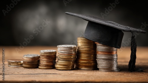 Stacked coins representing financial growth supporting higher education, with a graduation cap resting atop, showcasing investment and learning, all set on a rustic wooden surface.