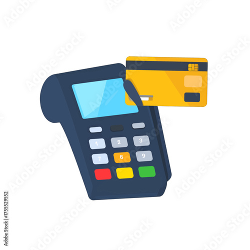 Dark Blue Card Reader with a Yellow Credit Card Inserted on a White Background Payment Technology Concept Isolated