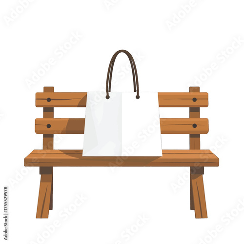 White Shopping Bag on Rustic Wooden Bench with Railed Back Isolated on White Background Flat Cartoon Vector Illustration in Bright Daylight
