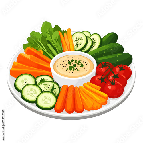 Colorful Vegetable Platter with Dip on White Plate Featuring Carrots Cucumbers Tomatoes and Greens on White Background
