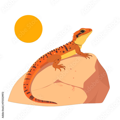 Orange Lizard Resting on Rock Under a Bright Yellow Sun Pixel Art Style Illustration Isolated on White Background