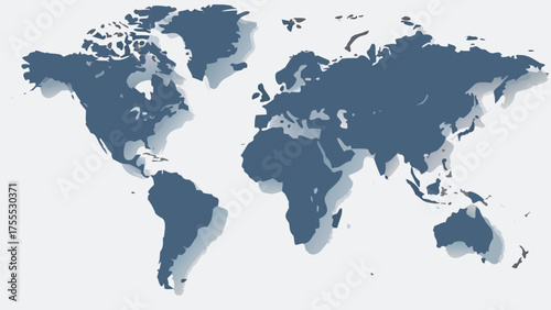 World map illustration with a blue color scheme and drop shadow continents on a white background