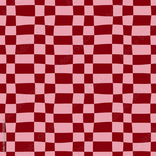 Abstract seamless modern pattern of horizontal burgundy stripes in a row on a pink background, distorted checkerboard pattern, wavy checkered pattern, simple hand-drawn vector illustration, flat style