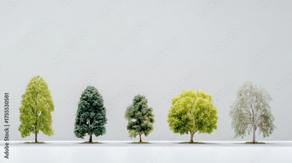 Fototapeta premium Five miniature trees of various species arranged in a row, showcasing the diversity of foliage and representing nature's elements.