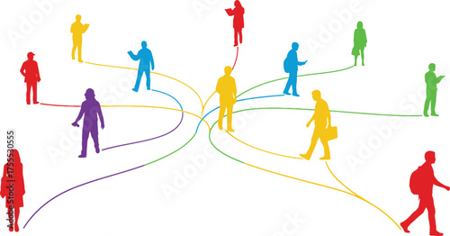 multicolored people navigate dynamic pathways, building a vibrant, connected social landscape