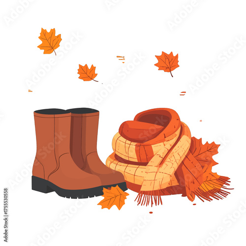 Autumnal Pixel Art Still Life with Brown Boots Orange Scarf and Falling Maple Leaves on White Background Minimalist Design