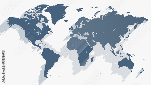A stylized world map illustration with continents in shades of blue and white background design element