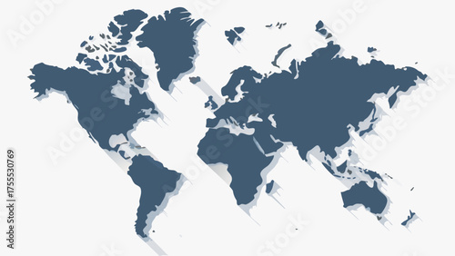 Illustration of a world map with dark blue continents and a white background showcasing geography