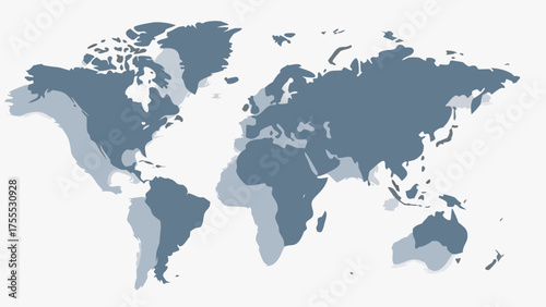 A world map showing continents in gray and light gray on a white background illustration style