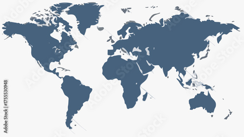 A stylized world map with prominent continents displayed in a muted blue color on a white background