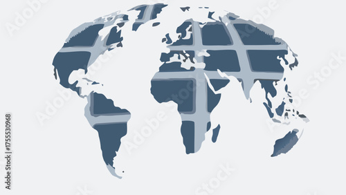 World map illustration with grid overlay showing continents and oceans in a stylized design style