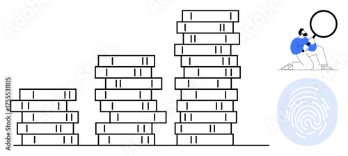 Stacks of coins in ascending order with a person inspecting them using a magnifier alongside a fingerprint imprint. Ideal for finance, savings, analysis, security, investment, growth, technology. A