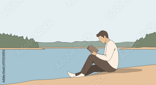 A relaxing moment by the lake: Man reading a book in a serene natural setting