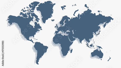 World map illustration in blue with drop shadow effect showing continents and geographical boundaries