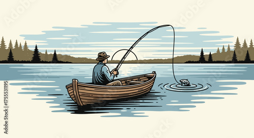 An illustration depicts a fisherman in a wooden boat catching a fish on a tranquil lake setting