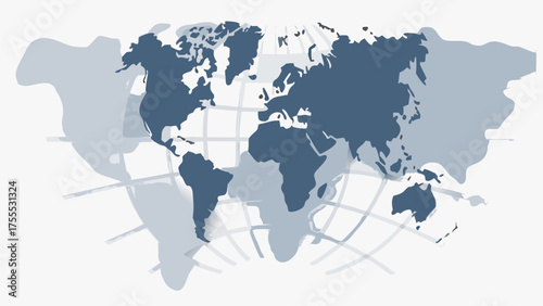 A world map projection showing continents and grid lines in shades of gray and blue on a white background