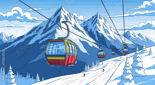 Cartoonish illustration showcases ski resort scenery with cable cars traversing snowy mountains