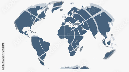 A stylized world map with blue landmasses and white oceans and grid lines in a simple graphic design