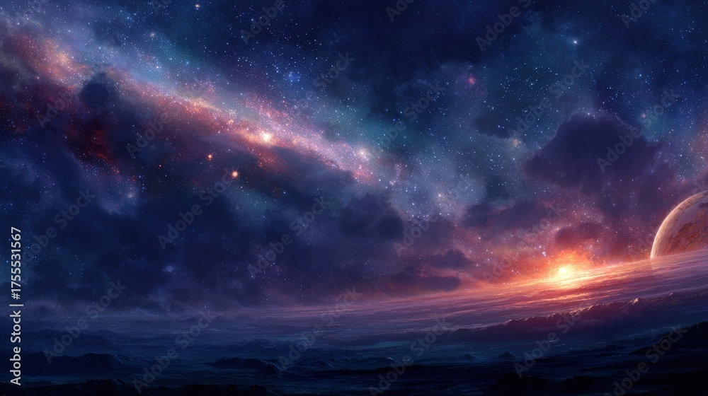 Naklejka premium Breathtaking celestial artwork showcases a vibrant galaxy with swirls of colors, a distant planet bathed in a radiant sunset, and a sky filled with sparkling stars, evoking a sense of wonder and...