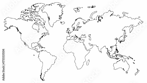 A simple black and white outline of the world map showing all continents and major islands drawn by hand