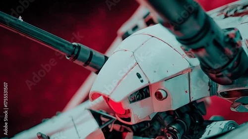 Epic close-up of a futuristic mech robot with detailed weaponry and glowing red eyes, amidst a red