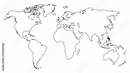 A simple world map outline showing continents and major islands in a minimalist black and white design