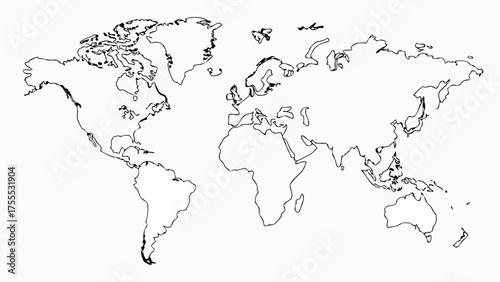 Outline world map showing continents and islands in black and white geographical representation style drawing