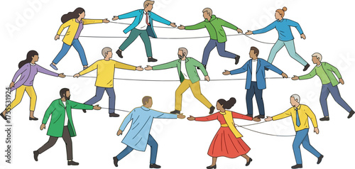 diverse individuals form a vibrant human network, supporting shared journeys together