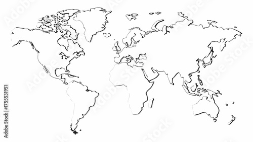 Detailed outline of the world map showing continents and islands in black and white minimalist style art