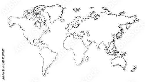 Outline drawing of the world map continents with drop shadows on a white background illustration