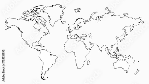 A simplistic black and white outline of a world map showing continents and islands with a clean design