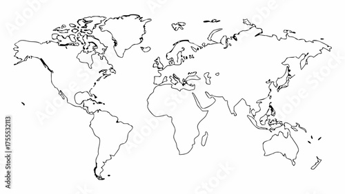 A simple outline map of the world showing continents and islands in black and white minimalist design style