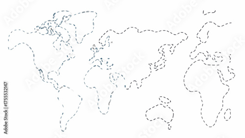 World map outline formed by dashed lines on a white background depicting continents and geographical shapes