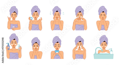 Step by step illustrated guide to a complete facial skincare routine for healthy glowing skin.