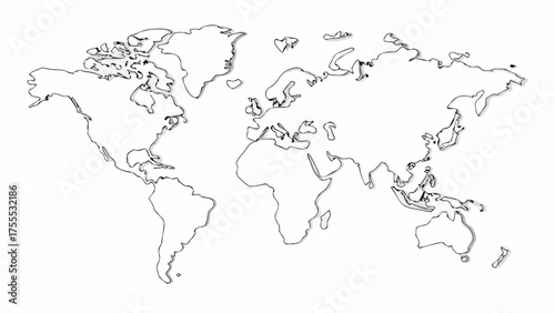 A simple world map outline with a shadow effect showing continents and islands on a white background