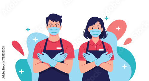 Two employees wearing masks and gloves are standing with their arms crossed.