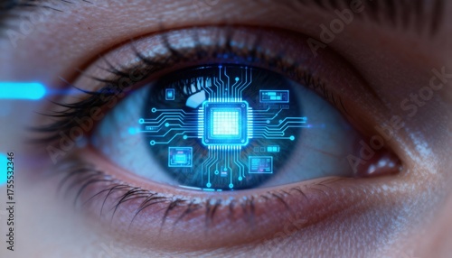Cybernetic Gaze: A close-up view of an eye augmented with technological implants, displaying digital circuits and data streams, hinting at advanced technology and artificial intelligence. 