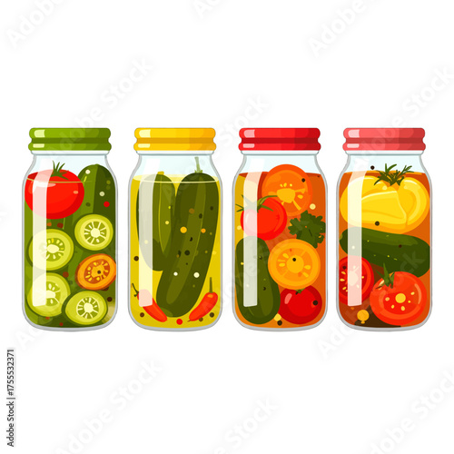 Row of Jars Filled with Pickled Vegetables Against White Background. Jars with Green Red Yellow Caps with Tomato Cucumber and Pepper